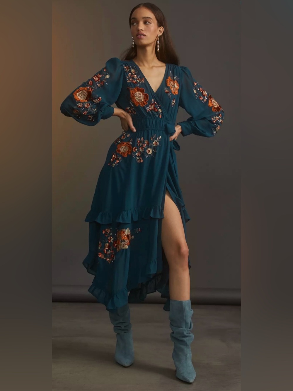 Anthropologie Teal Beaded Wrap Midi Dress Women’s 00 Boho Glam Western Wedding